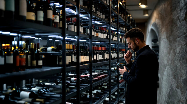 Wine cellar.Modern man selecting wine in stylish cellar, luxurious indulgence - Powered by Adobe