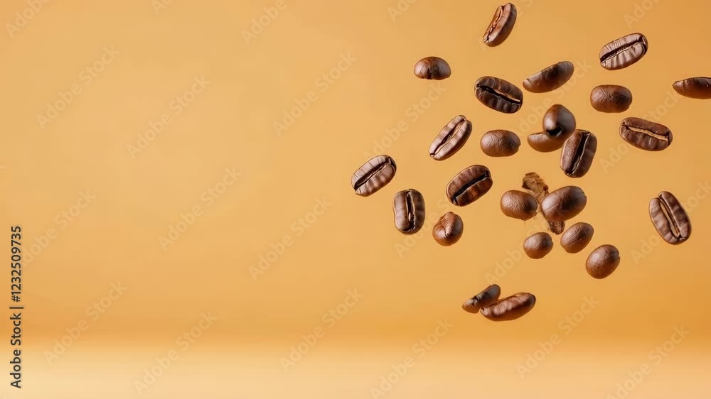 Poster roasted coffee beans are levitating on a seamless warm orange background, creating a visually appeal