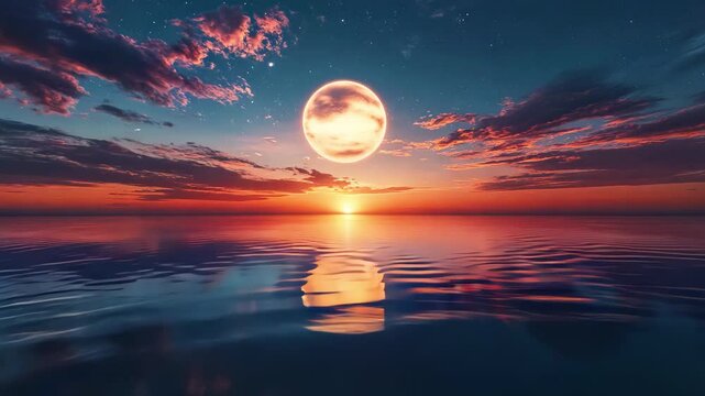 Tranquil Ocean Sunset with a Radiant Lunar Sphere - made with Generative AI