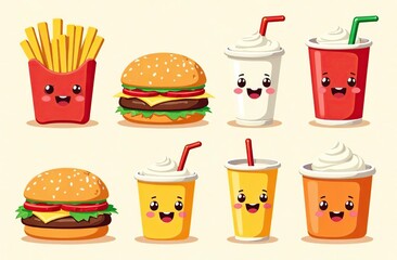 Colorful set of fast food cartoon characters - cute animated food and drinks with happy faces including burgers, fries and drinks