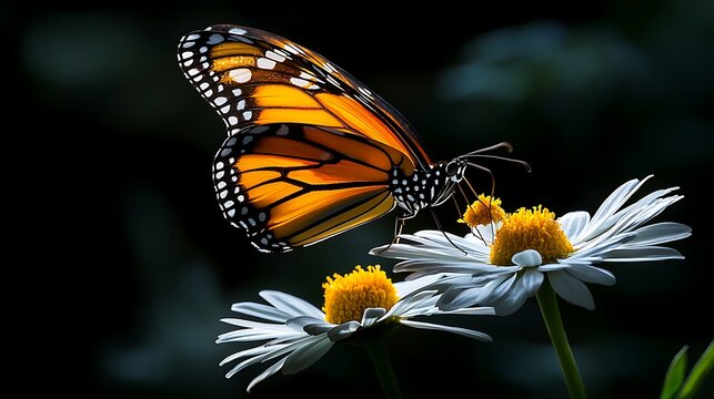 Monarch butterfly on daisies, dark background, nature photography, stock image