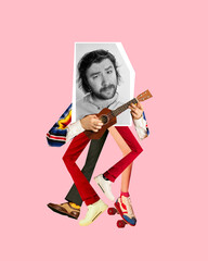 Surreal artwork. Man with skeptical expression playing ukulele, surrounded by moving legs against pink background, representing creative leadership. Concept of teamwork, multitasking.