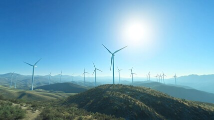 Obraz premium Aerial capture of farmland wind turbines spinning under a clear blue sky