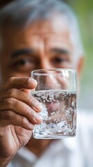 Senior Man Holding Glass of Sparkling Water with Focused Expression