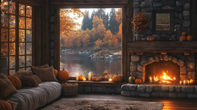 Fireplace with fire and candles in a cabin by the lake in autumn. Loop animation.