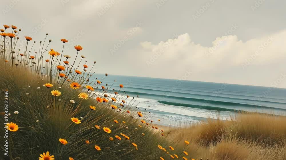 Poster a beach with a large body of water and a field of yellow flowers. the flowers are scattered througho