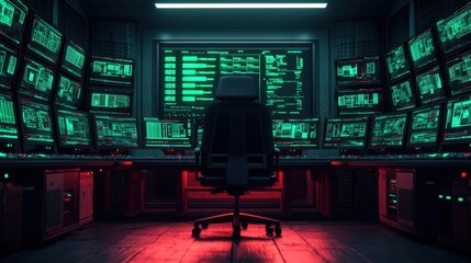 High-Tech Control Room with Multiple Screens and Green Lighting
