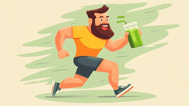 Active man with beard energetically running and drinking healthy green juice