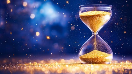 Glowing hourglass with golden sand against dark background with bokeh lights. Earth Hour and time concept. Image for poster, banner and social media. With copy space