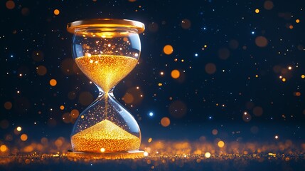 Glowing hourglass with golden sand against dark background with bokeh lights. Earth Hour and time concept. Image for poster, banner and social media. With copy space