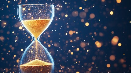 Glowing hourglass with golden sand against dark background with bokeh lights. Earth Hour and time concept. Image for poster, banner and social media. With copy space