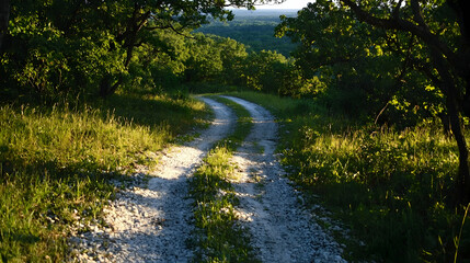 Obraz premium Winding gravel road through scenic hills at sunset