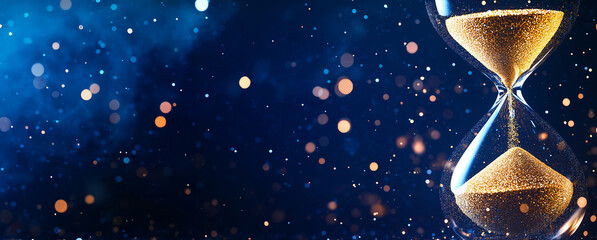 Glowing hourglass with golden sand against dark background with bokeh lights. Earth Hour and time concept. Image for poster, banner and social media. With copy space