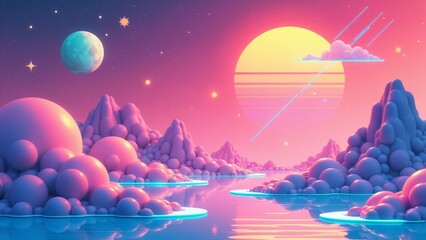 A futuristic scene featuring vibrant pastel hues, floating geometric shapes, and neon accents against a gradient background.