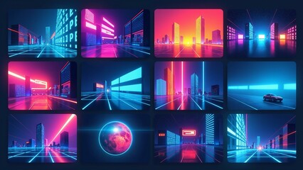 Fototapeta premium A futuristic grid composition featuring neon lights, gradient backgrounds, and bold typography against an aqua blue color scheme.