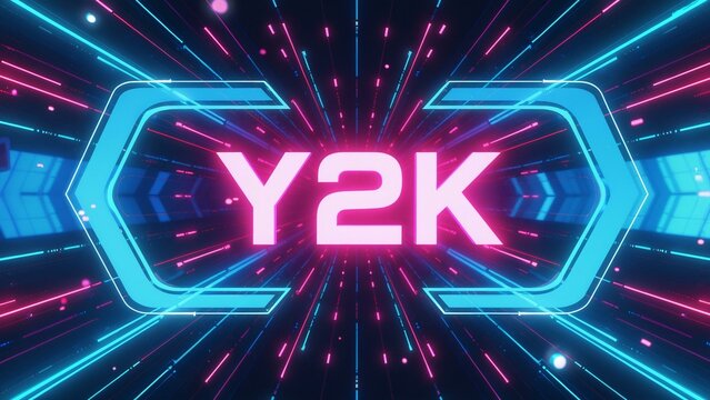 A futuristic digital artwork featuring neon-lit, gradient-filled shapes and bold, aqua blue typography in a symmetrical composition.