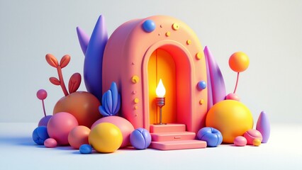 A colorful, detailed scene featuring clay-like objects in a central composition, with bright accents and simple details that emphasize volume and depth.