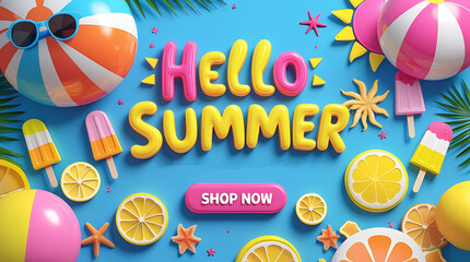 Summer season banner. Hello summer 3d typography with tropical beach elements watermelon, detox, ice, ice cream,sunglasses and candy, blueberry. Summer 50% off