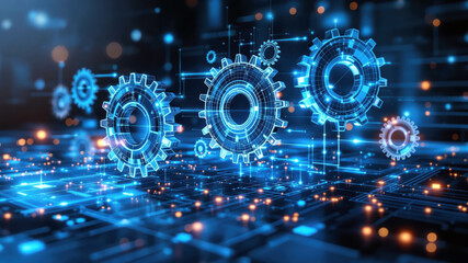 Obraz premium Futuristic Engineering Concept Displaying Digital Mechanisms and Data Flow Systems