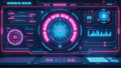 Fototapeta premium A futuristic console with neon lights, holographic projections, and circuitry elements in a stylized composition.