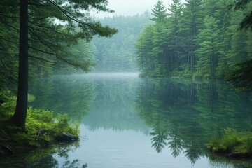 Obraz premium A peaceful lake surrounded by tall pines, with the water reflecting the deep green of the trees, creating a serene and tranquil scene