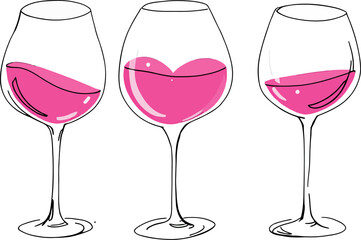 Three wine glasses forming heart shape with pink wine