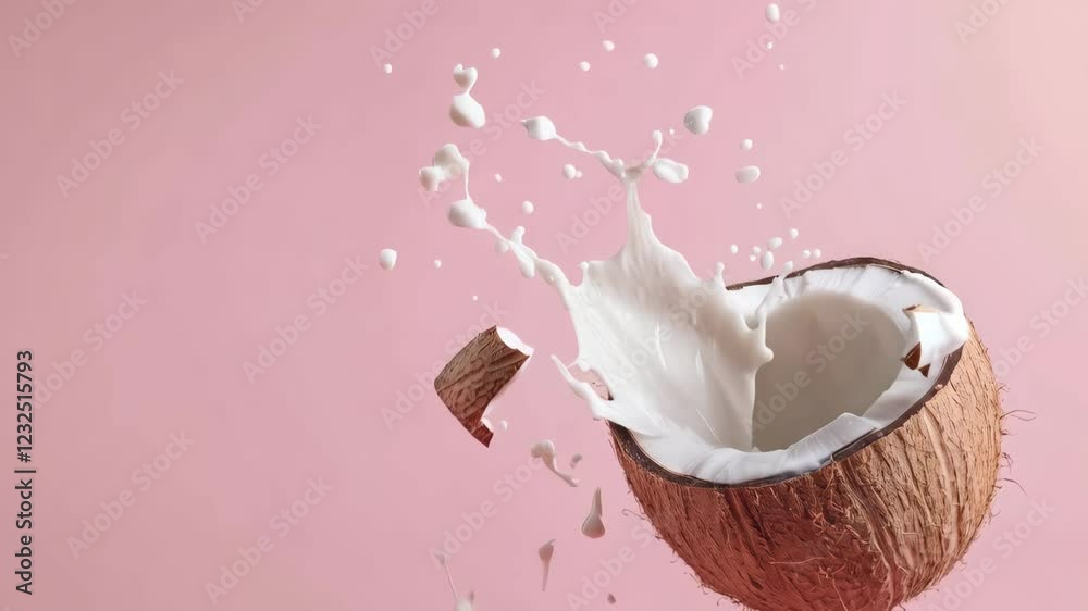 Aufkleber Coconut milk is splashing from a levitating coconut half with coconut pieces on a pink background, creating a dynamic and refreshing visual