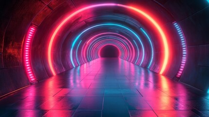Fototapeta premium Vibrant Sci-Fi Tunnel with Glowing Neon Strips. Generative AI