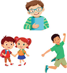 Smiling school kids holding hands, jumping and holding book