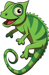 Happy green chameleon cartoon character smiling and holding on