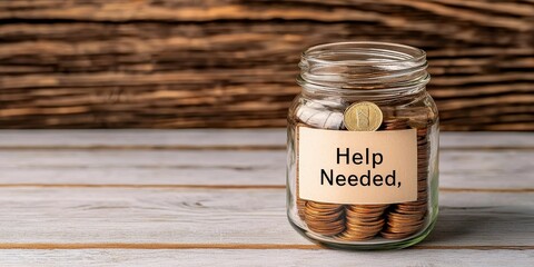 emergency cash crisis concept. Jar with coins labeled "Help Needed" on a wooden background.