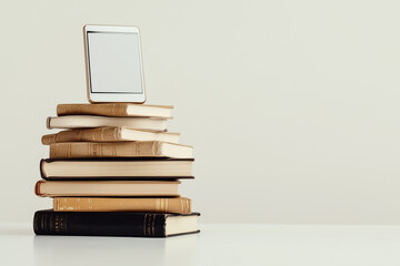 A stack of various books is complemented by a sleek e-reader prominently displayed above. The clean background emphasizes the shift towards digital formats in a modern space