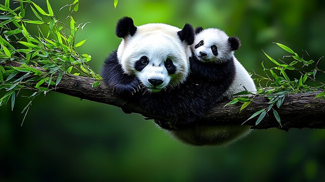 Mother panda and cub on bamboo branch, forest background, wildlife conservation