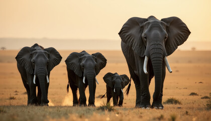 Obraz premium Elephant Family Walking Savannah