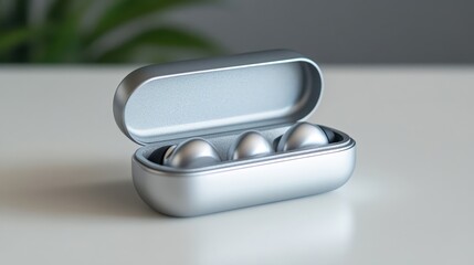 Sleek Metallic Case with Three Smooth Objects Inside