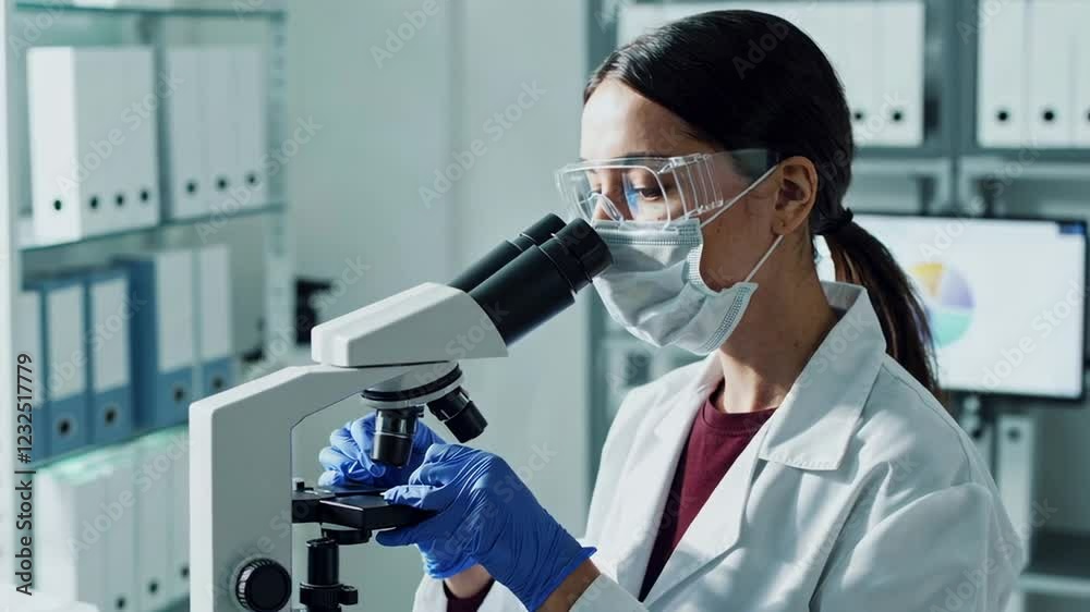 Aufkleber laboratory professional wearing protective mask and glasses carefully adjusting microscope while ana