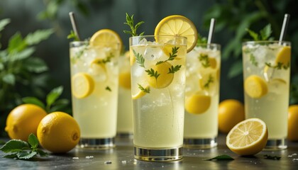 Fototapeta premium Fresh lemonade lemon juice in studio lighting and background, cinematic drink photos in tropical style side view multiple glasses