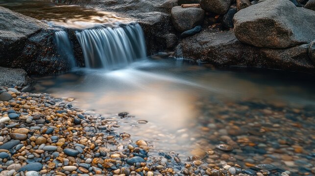 Serene waterfall cascading over rocks, pebble-strewn bank, peaceful nature scene, ideal for relaxation themed content