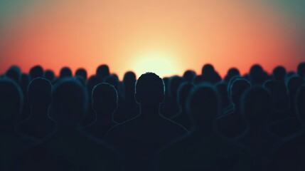 Obraz premium A crowd of silhouetted figures watches a vibrant sunset, creating a sense of unity and reflection in a tranquil atmosphere.