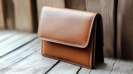 A sleek brown leather wallet rests on a rustic wooden surface, showcasing its elegant design and craftsmanship.