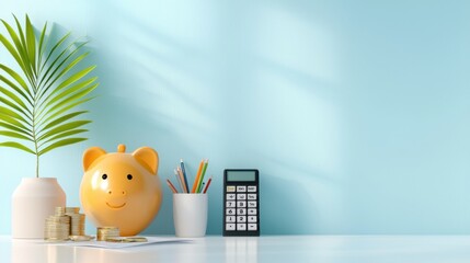 Organized and Functional Modern Workspace Featuring a Piggy Bank Stack of Stationery and Assorted Office Accessories Arranged in a Minimalist Stylish Manner