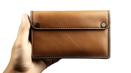 A hand holds a stylish, brown leather wallet with a button closure, showcasing its smooth texture and simple design.