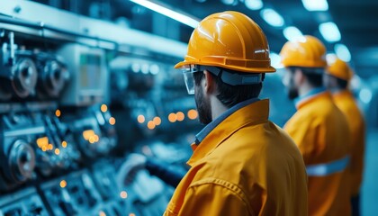 Engineers in Safety Gear Working on Control Panel in Industrial Setting