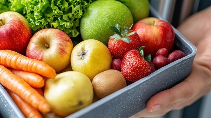 Overhead view of a diverse assortment of fresh colorful fruits and vegetables neatly arranged on a wooden kitchen table  The display showcases the abundance and variety of seasonal produce