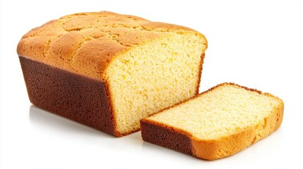 Freshly Baked Loaf of Yellow Cake with Slice on White Background