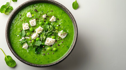 Finnish hernekeitto pea soup with feta cheese and fresh greens