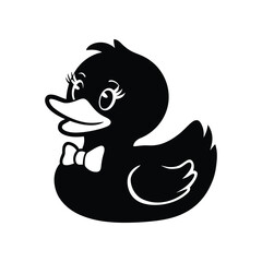 Black Silhouette Cute Rubber Duck Icon with Bowtie - Adorable Cartoon Duck Vector for Kids and Nursery Designs