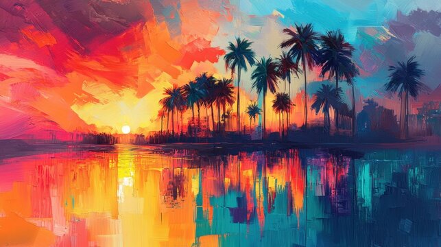 Vibrant abstract tropical sunset with palm trees silhouetted against a colorful sky and sea beach. Cuban, Caribbean or Hawaii landscape made in brushstrokes of orange, blue and red colors