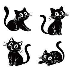 Four Cute Black Cats Poses. Animal Vector Graphic Art Illustration