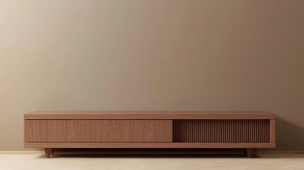 Wooden TV cabinet on beige background. Wood stage display product. Empty stand pedestal of natural wood for luxury product presentation. Realistic modern design